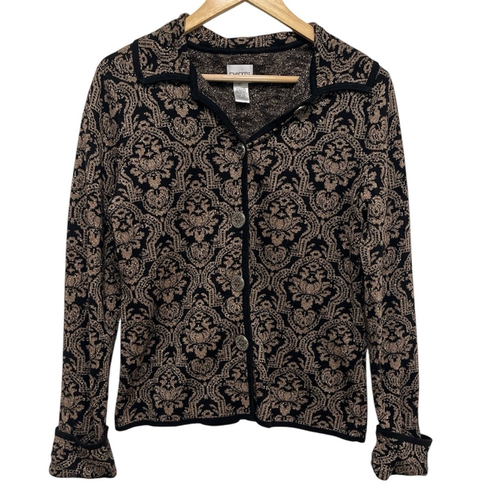 Vintage Black Tan Gold Metallic Cardigan Sweater Chicos size 0 / US S 4-6